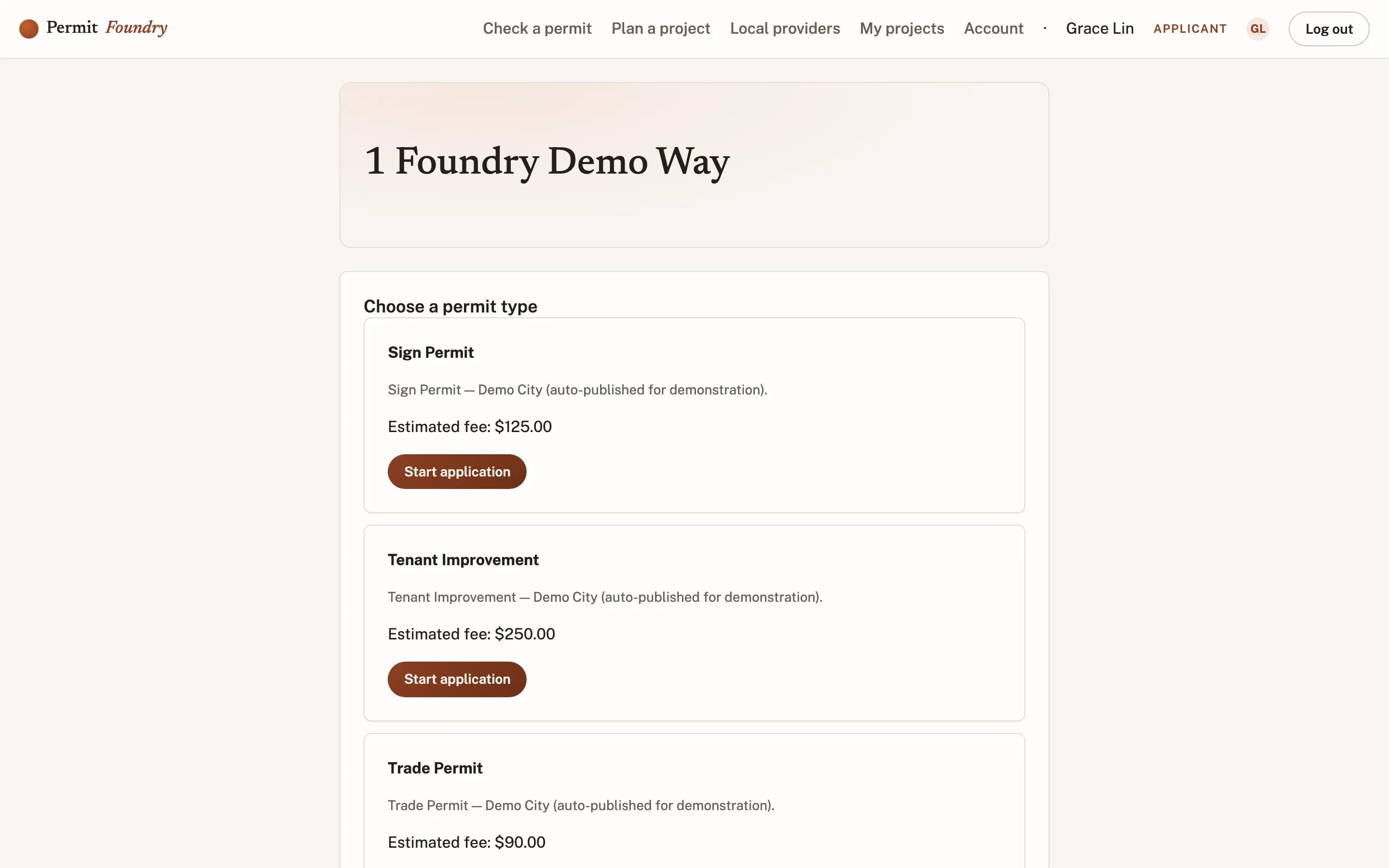 A plain-language permit picker offering sign, tenant improvement, and trade permits with the estimated fee on each.