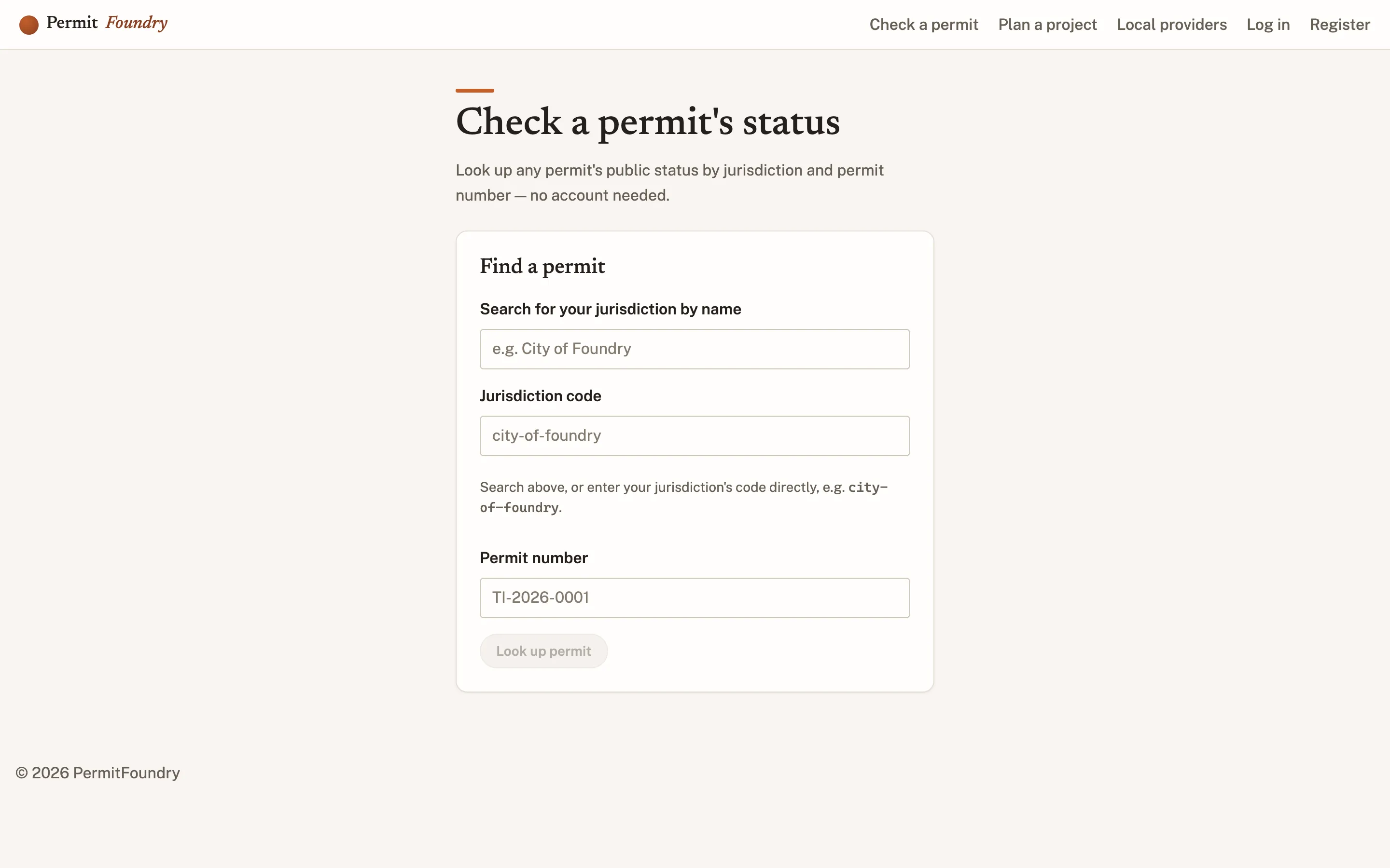 A public permit lookup asking only for a jurisdiction and a permit number, with no account needed.