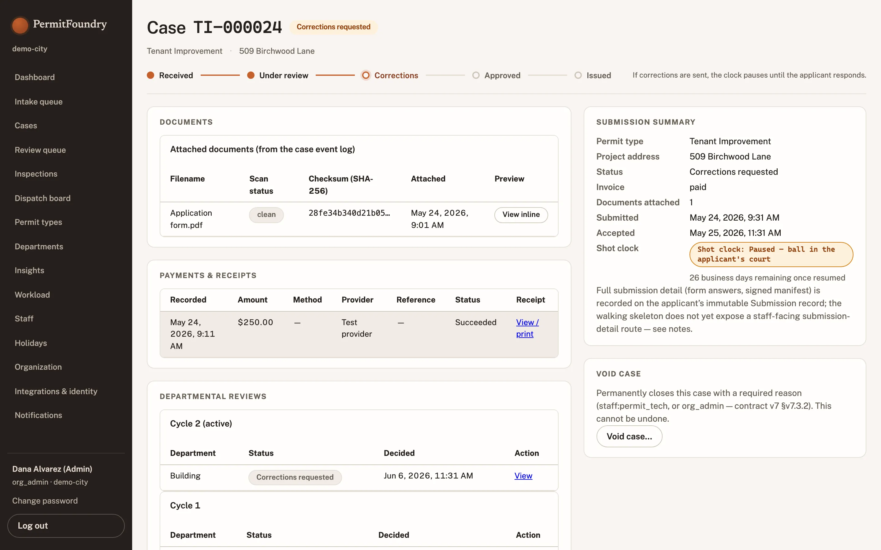 A case record's payments and receipts alongside its attached documents with checksums and scan status.