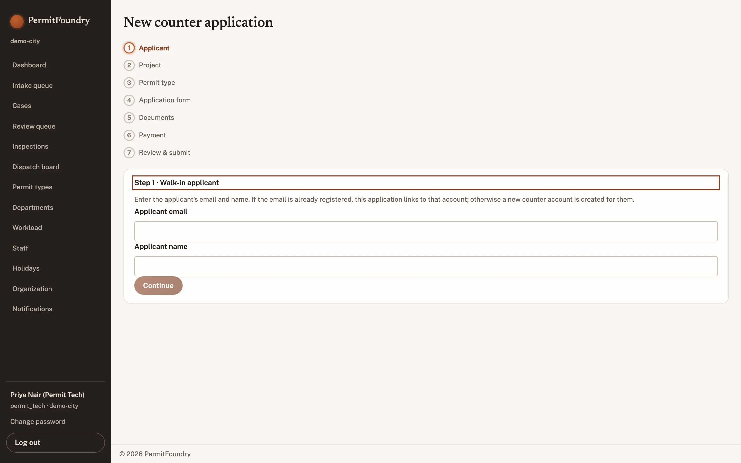 A counter application walked through seven numbered steps: applicant, project, permit type, application form, documents, payment, review and submit.