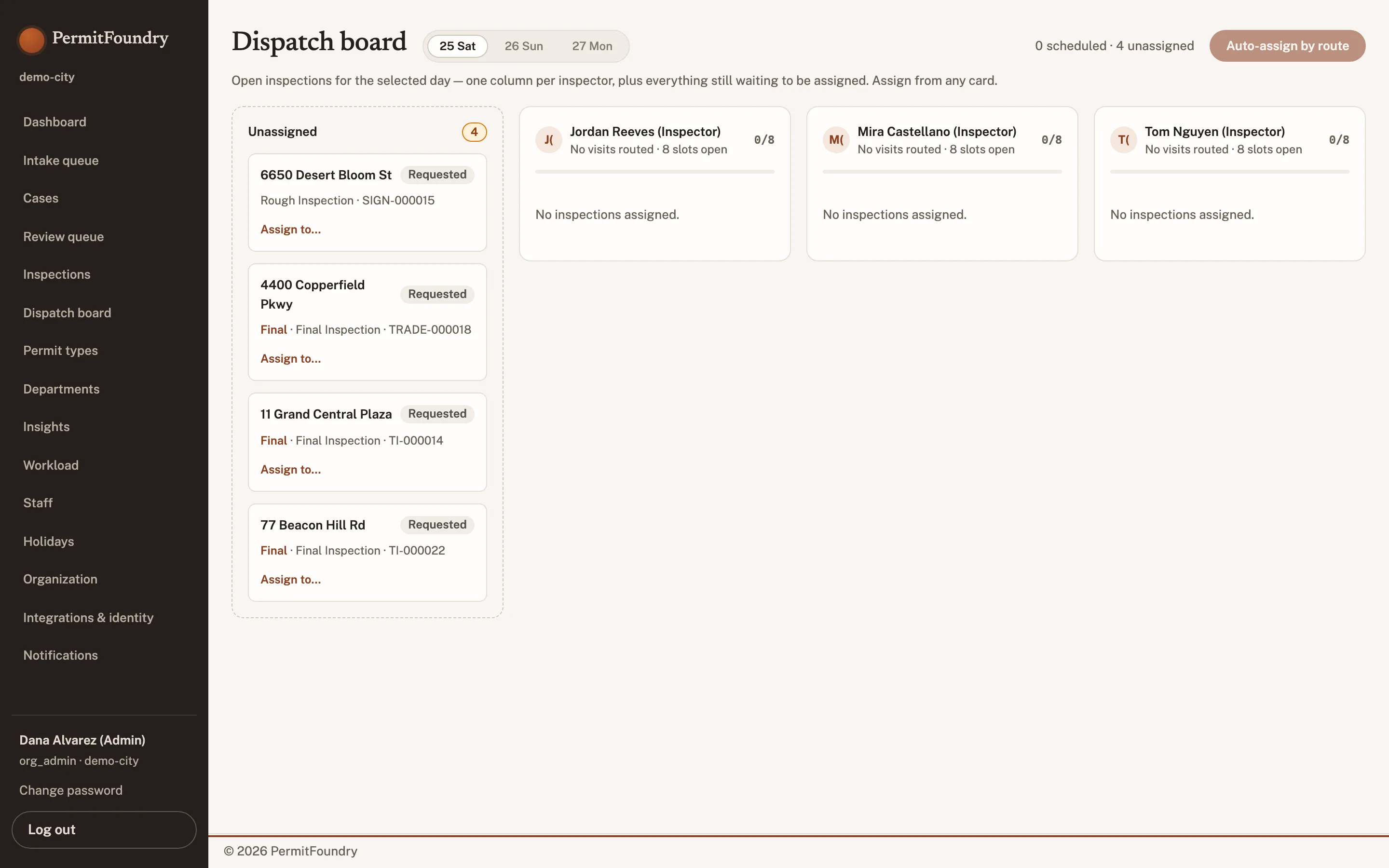 A dispatch board for one day: unassigned inspections in one column and a lane per inspector showing slots open.